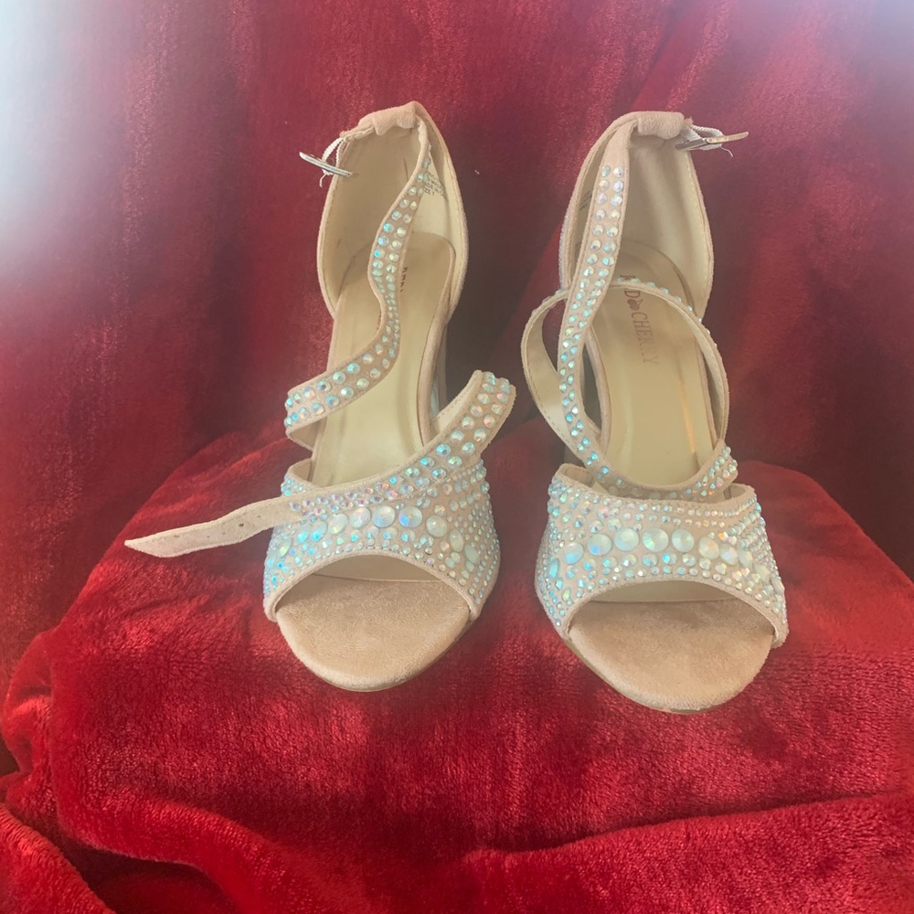 Tan and White Heels with Sparkling Embellishments